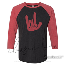LOVE/ILY Baseball Shirt (Adult) :: Black Body/Red Sleeve