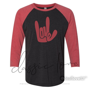 LOVE/ILY Baseball Shirt (Adult) :: Black Body/Red Sleeve