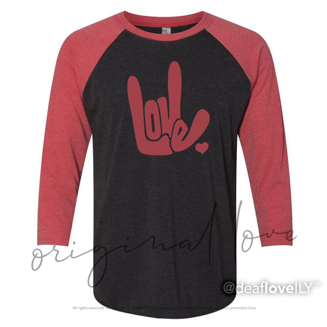LOVE/ILY Baseball Shirt (Adult) :: Black Body/Red Sleeve