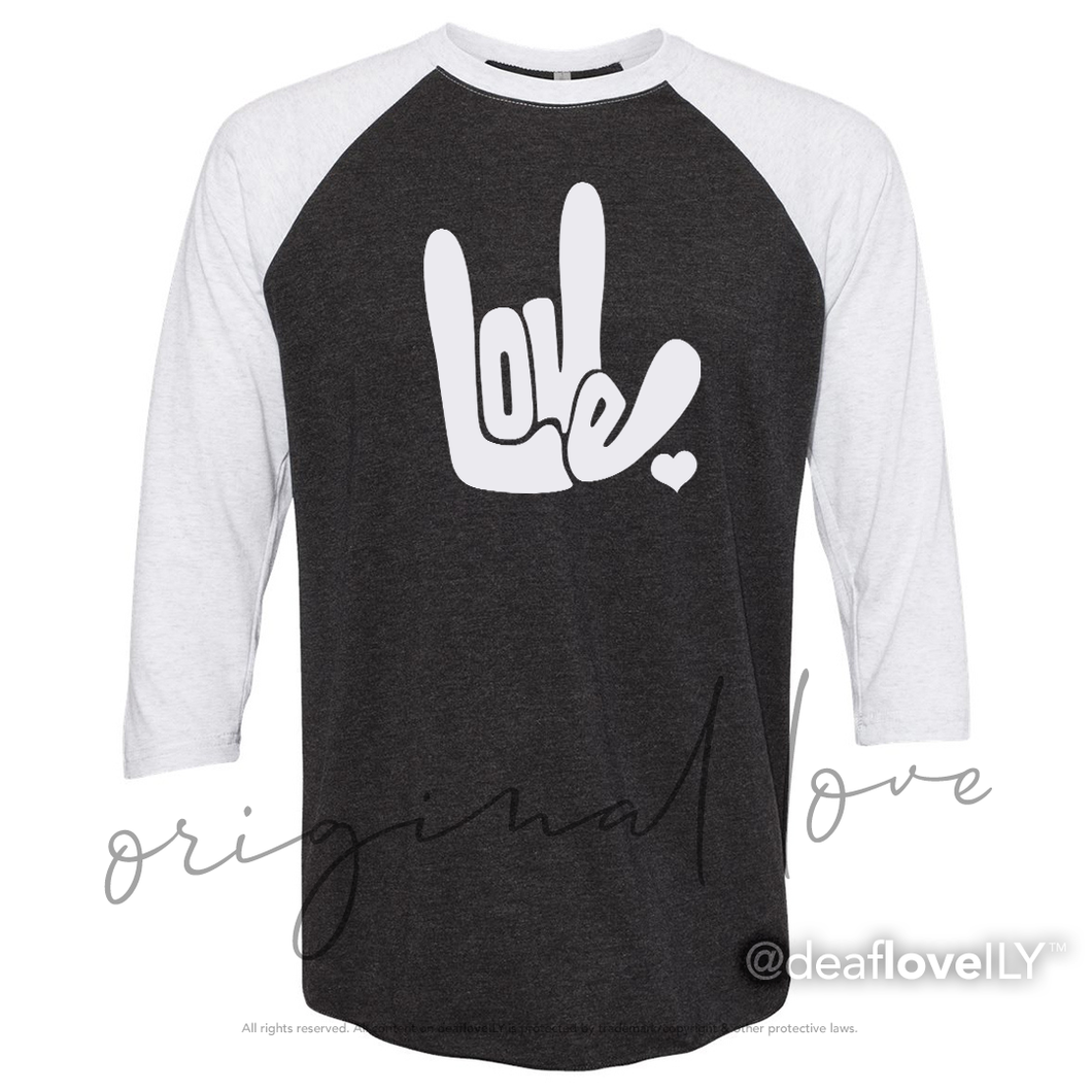 LOVE/ILY Baseball Shirt (Adult) :: Black Body/White Sleeve