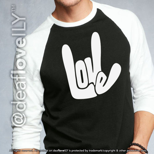 LOVE/ILY Baseball Shirt (Adult) :: Black Body/White Sleeve