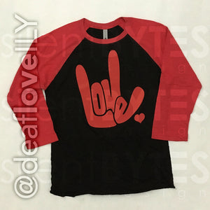 LOVE/ILY Baseball Shirt (Adult) :: Black Body/Red Sleeve